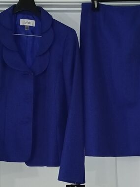 Le Suit Cobalt Blue Scalloped Collar Jacket with Matching Skirt